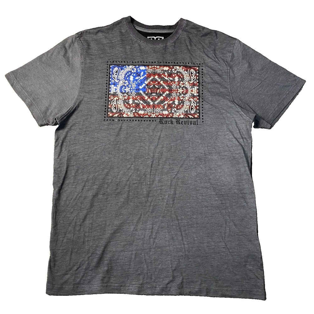 Rock Revival Graphic T-shirt Mens XL Grey Black Studs Short Sleeve Crew USA Flag